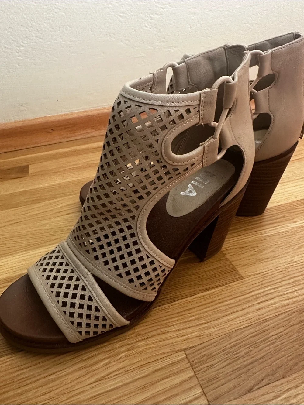 MIA Perforated Block Heel Sandals in Light Taupe